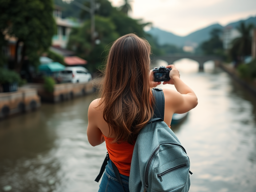 A woman stands with her backpack, taking a photo of a river in a Southeast Asian city, looking at the view behind her