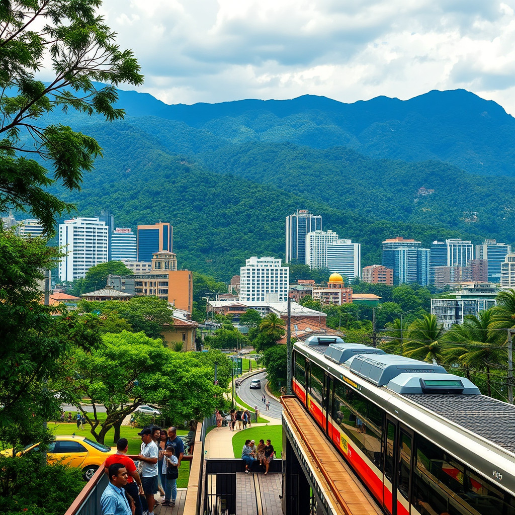 Medellín's modern skyline surrounded by green mountains with people in city parks