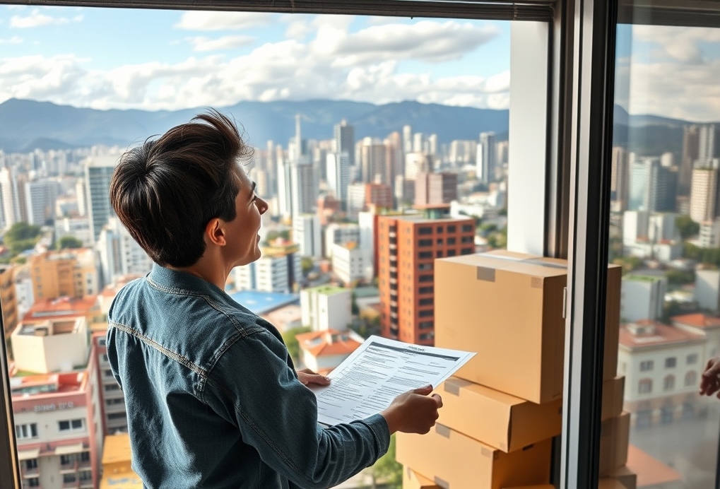 Person moving into a new apartment in Medellín with city skyline view, symbolizing new beginnings