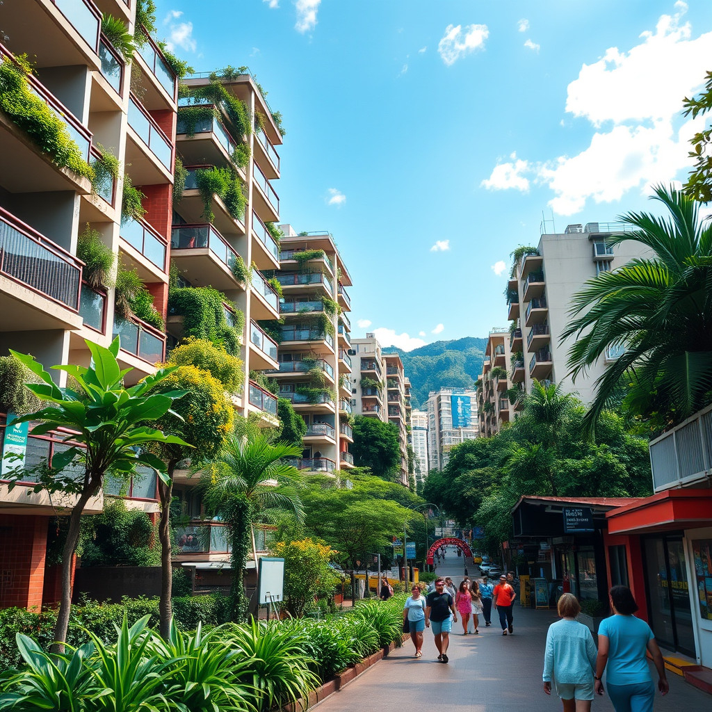 Modern Medellín apartments surrounded by greenery with locals strolling colorful streets