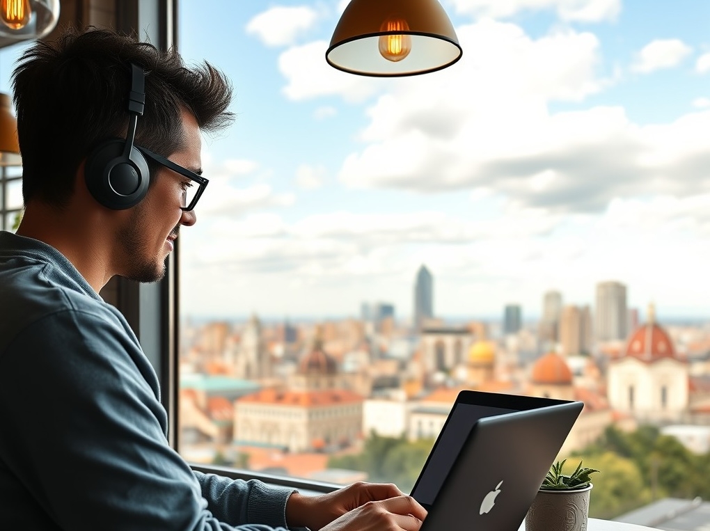 A digital nomad working on a laptop in a Buenos Aires café with city skyline in the background