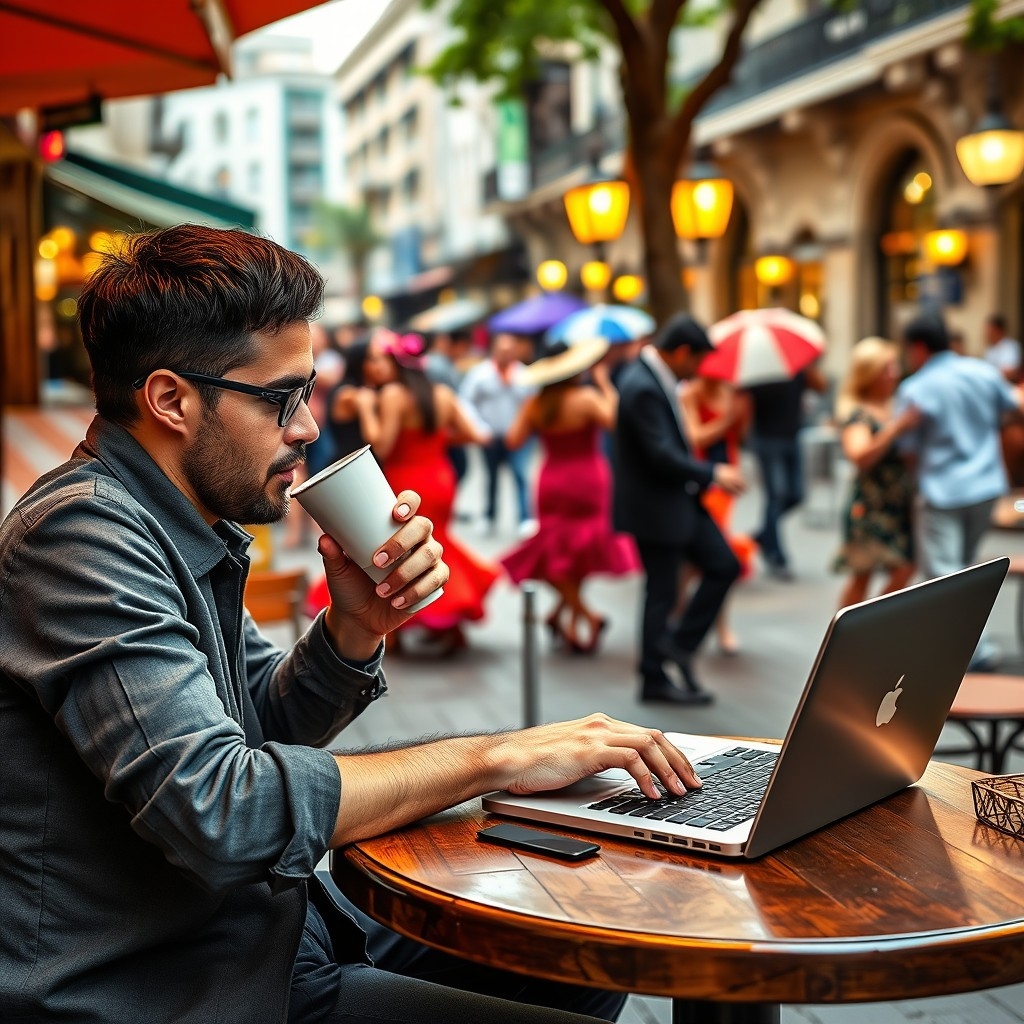 Digital nomad working on a laptop at a Buenos Aires café with tango dancers nearby