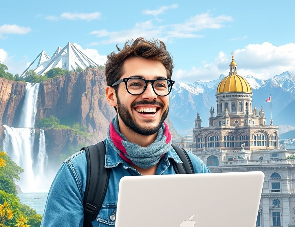 Digital nomad with laptop exploring Argentina's landmarks like Iguazu Falls and Buenos Aires