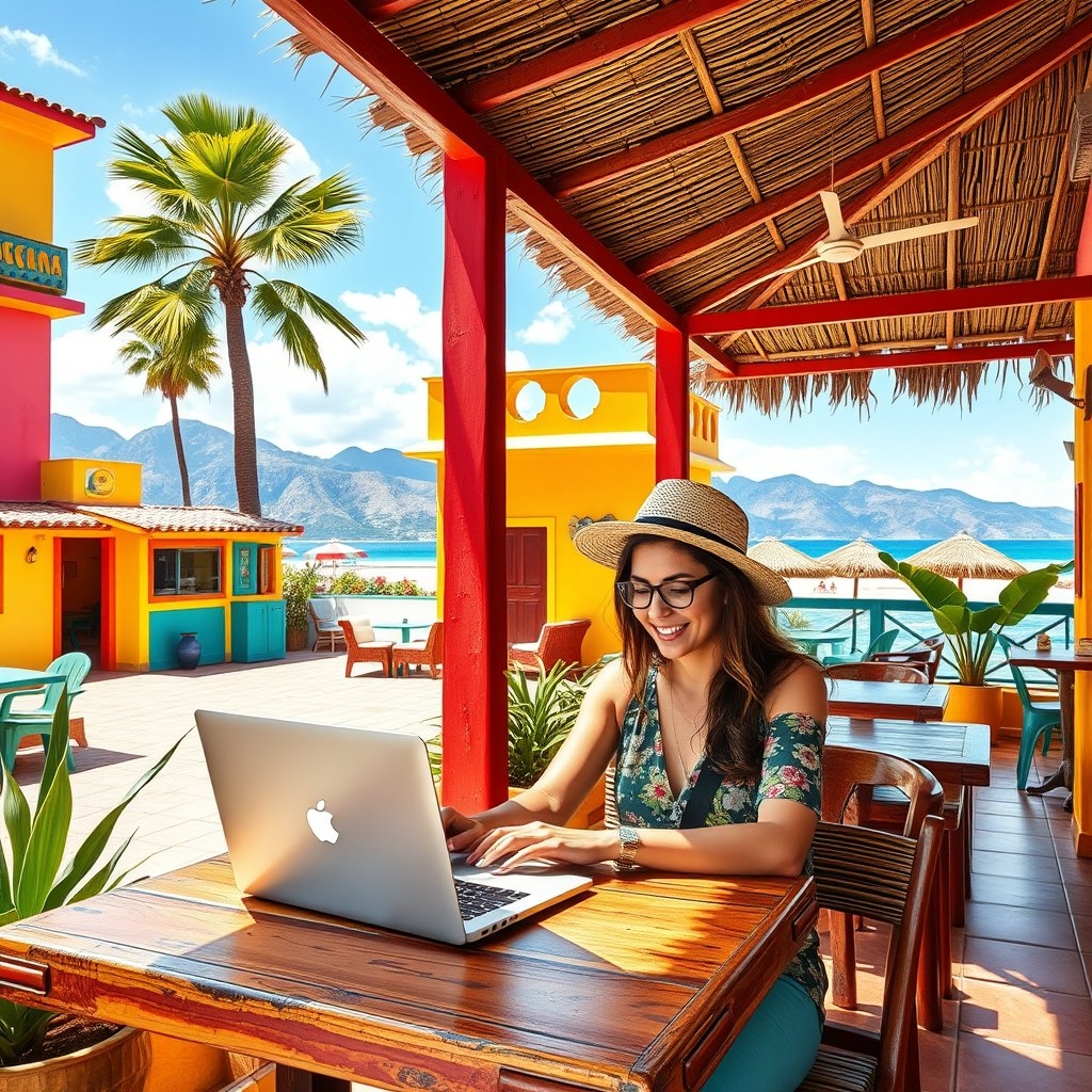 A digital nomad working in a beach cafe in Argentina's coastal city