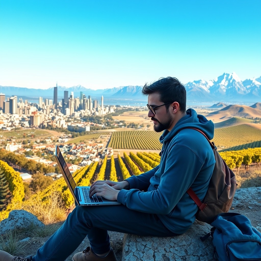 Digital nomad working with laptop surrounded by Argentina's cityscapes and natural landscapes