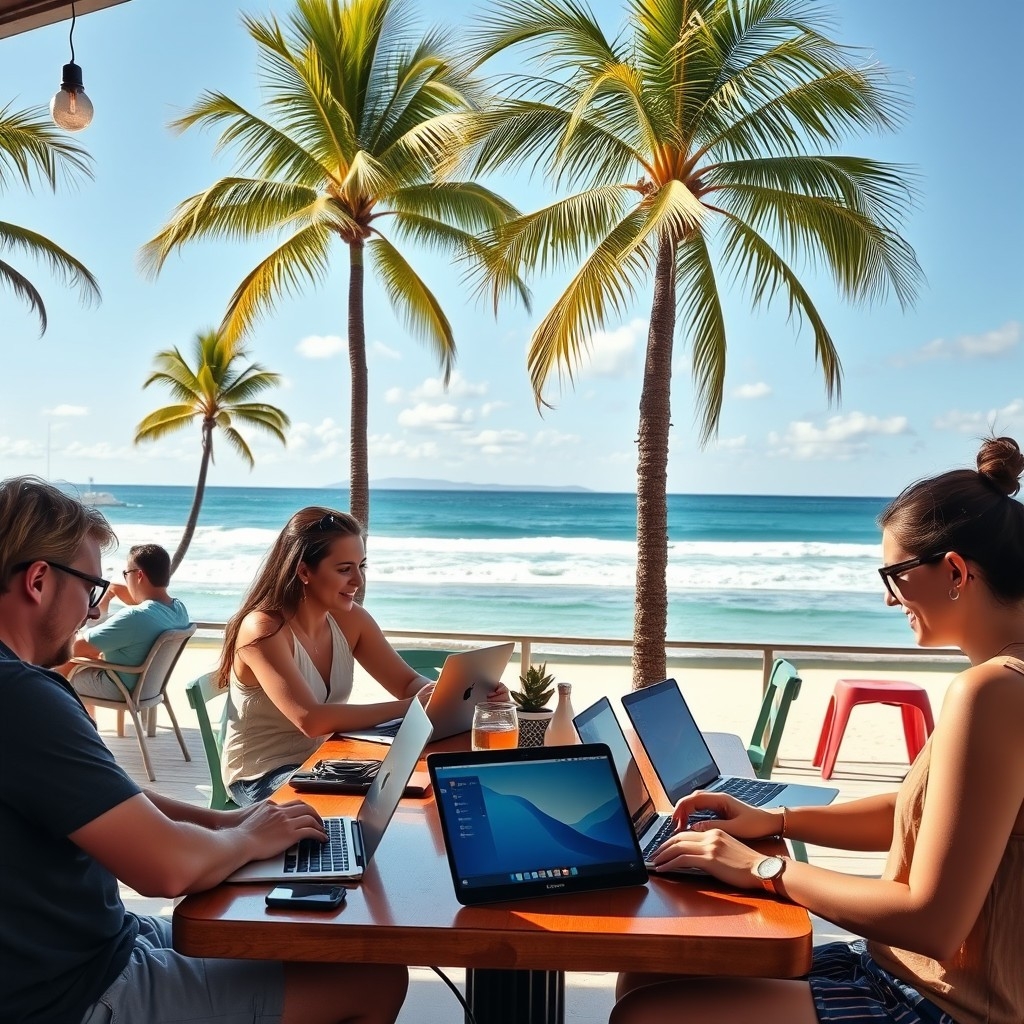 Digital nomads working at a beachside café in Australia with ocean views