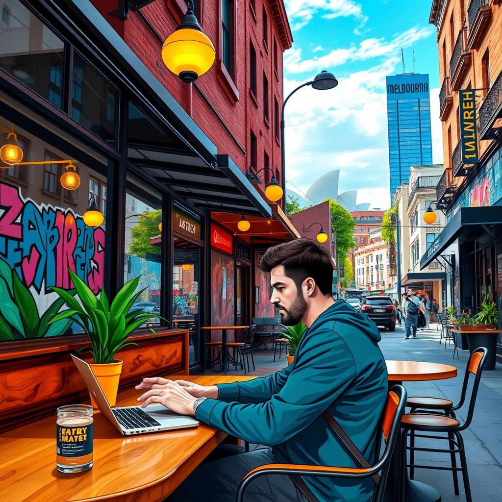 Digital nomad working in an Australian city cafe with the Sydney Opera House and lively street in the background