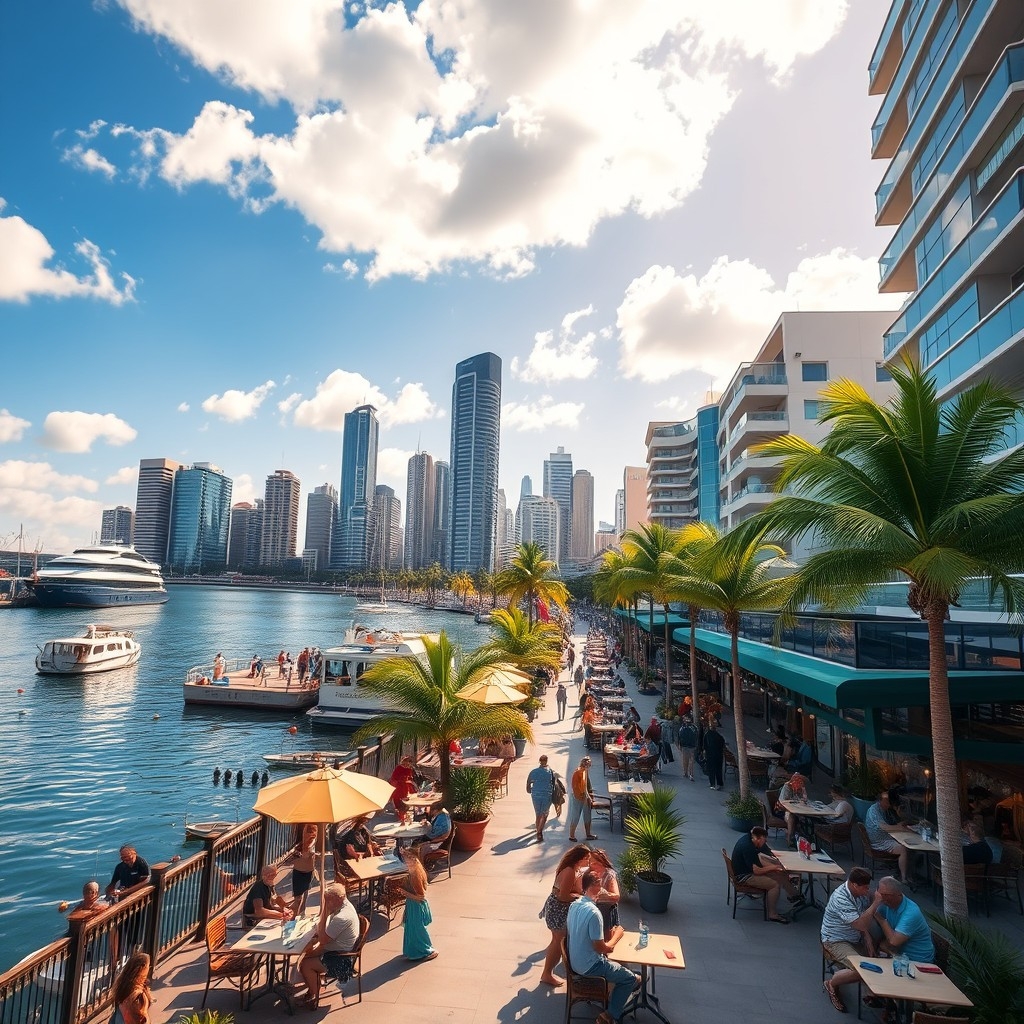 Australian waterfront city with people at outdoor cafes under sunny skies