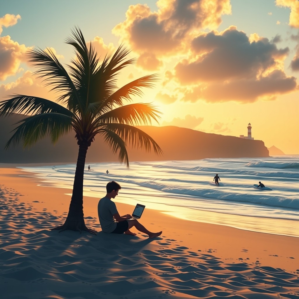 Digital nomad working on laptop under palm tree on Australian beach with surfers and lighthouse