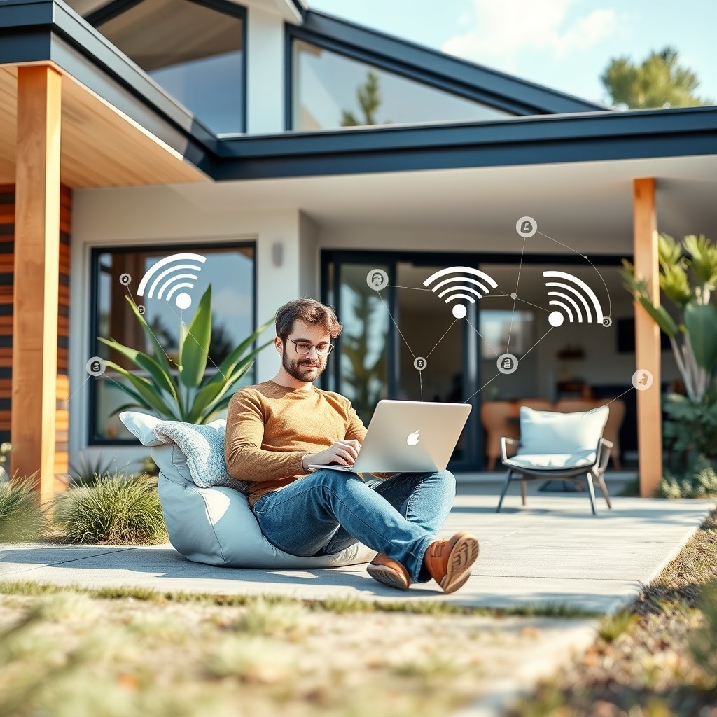 Digital nomad with laptop outside modern Australian home, symbolizing connectivity and work-life balance