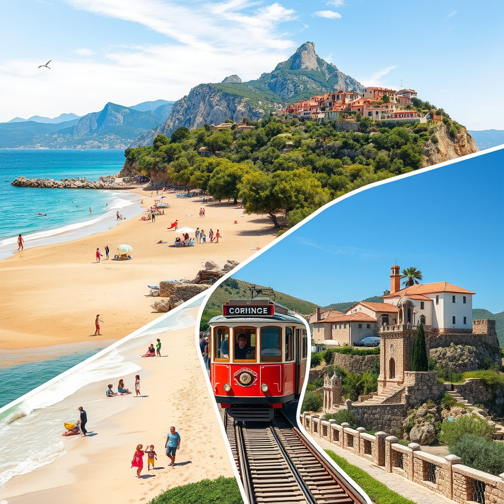 A collage of Mallorca's northern attractions including Port de Pollença beach, Sóller's vintage tram through citrus groves, and Deià's hillside stone village overlooking the sea