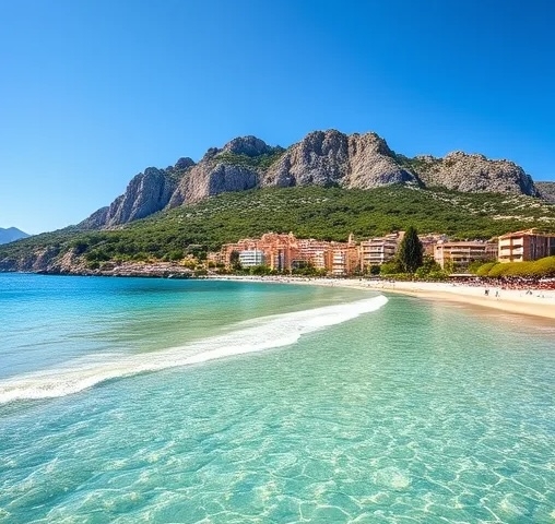 Sunny beach in Mallorca with turquoise waters and mountain village in the background