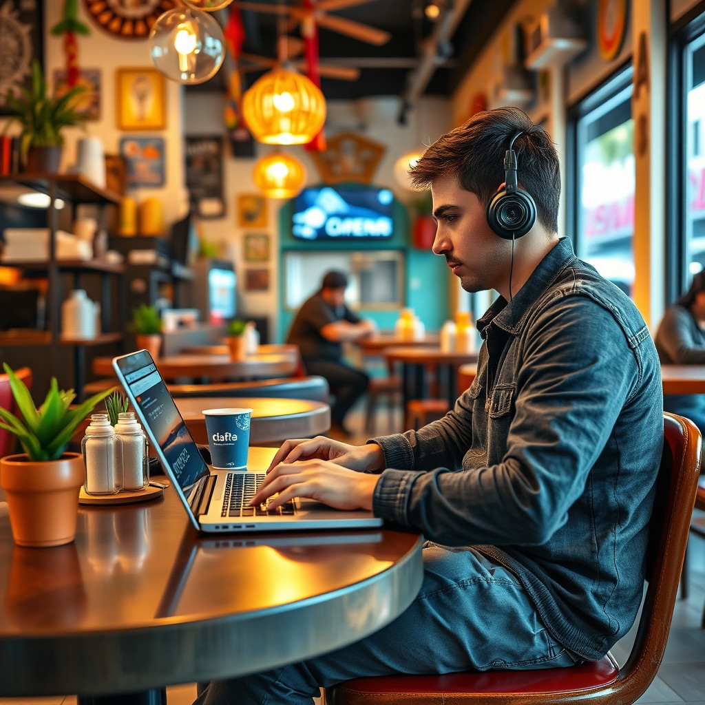 Digital nomad using a laptop in a colorful café in Lima, Peru, surrounded by Peruvian decor.