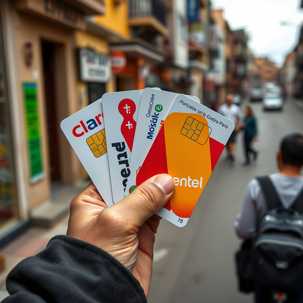 Traveler holding SIM cards from Claro, Movistar, Entel, and Bitel in Peru's city street