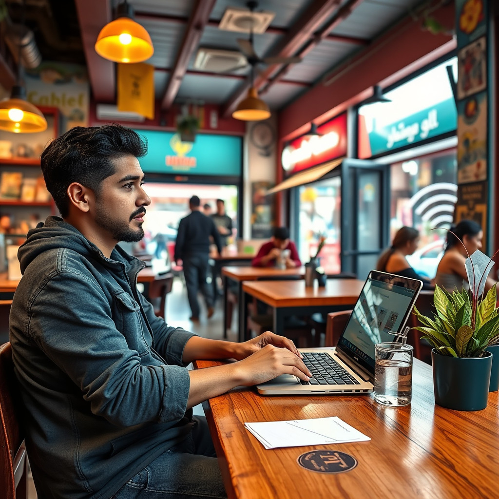 Digital nomad using laptop in a vibrant Peruvian cafe with Wi-Fi and colorful decor