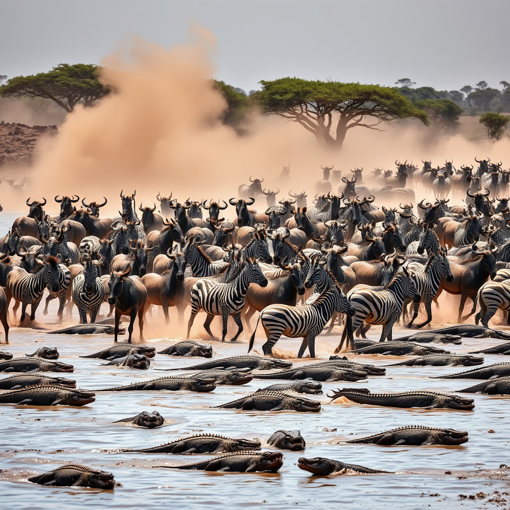 Herds of wildebeest and zebras crossing a river during the Great Migration in Tanzania's Serengeti