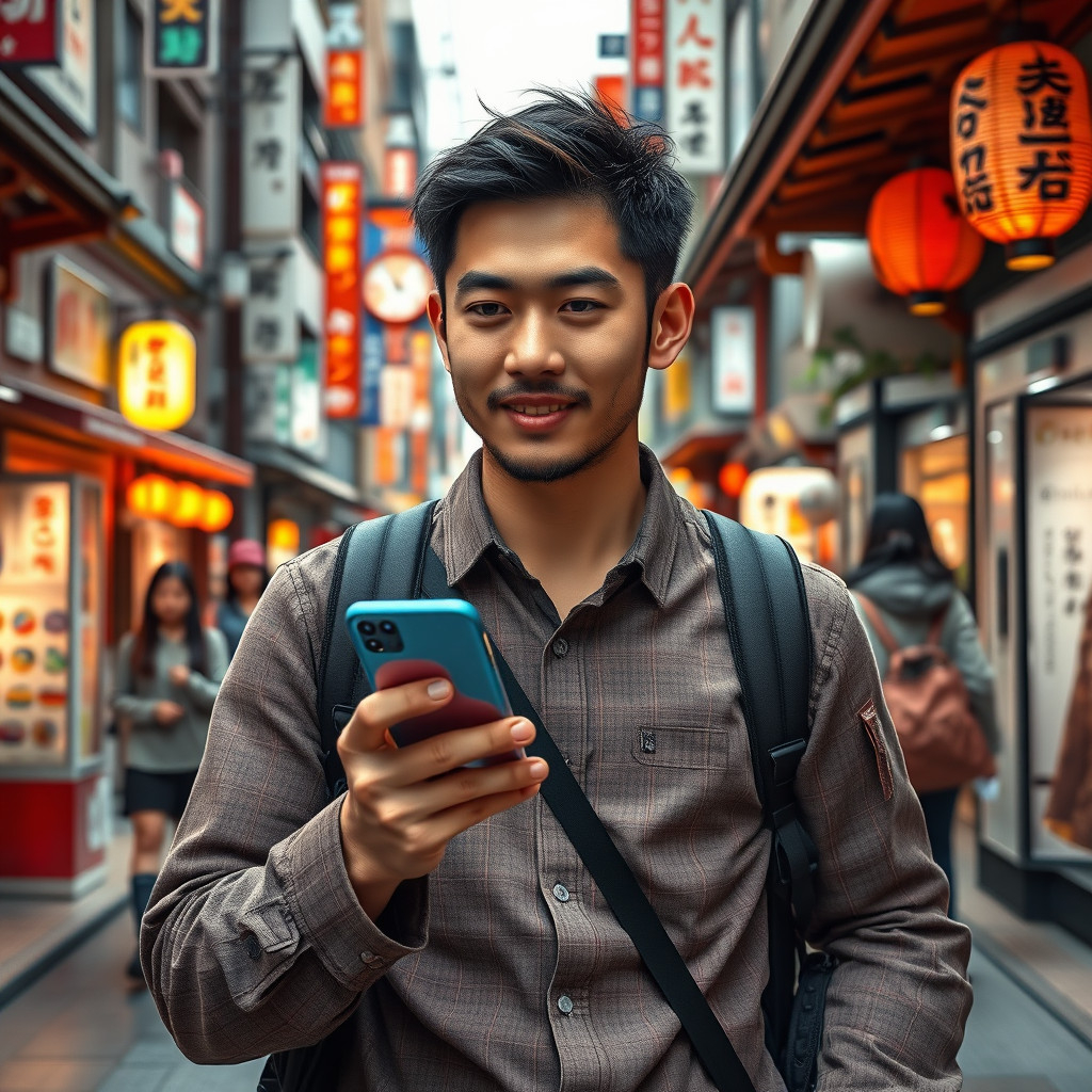 Traveler in Tokyo using smartphone with eSIM amid traditional and modern scenery