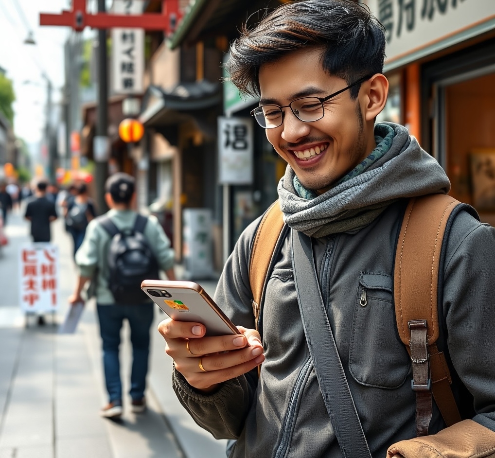 Traveler in Kyoto using smartphone with eSIM for navigation and translations