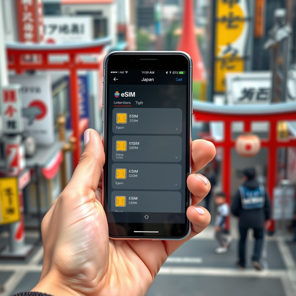 Choosing eSIM options on smartphone with Japanese landmarks in background