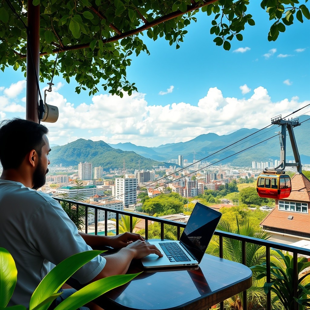 Digital nomad working at a café in Medellín with mountain views and Metrocable in background