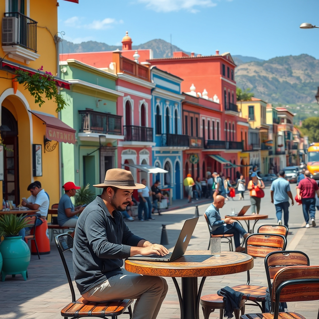 Digital nomad using a laptop in an open air café in Buenos Aires, Argentina, people walking around