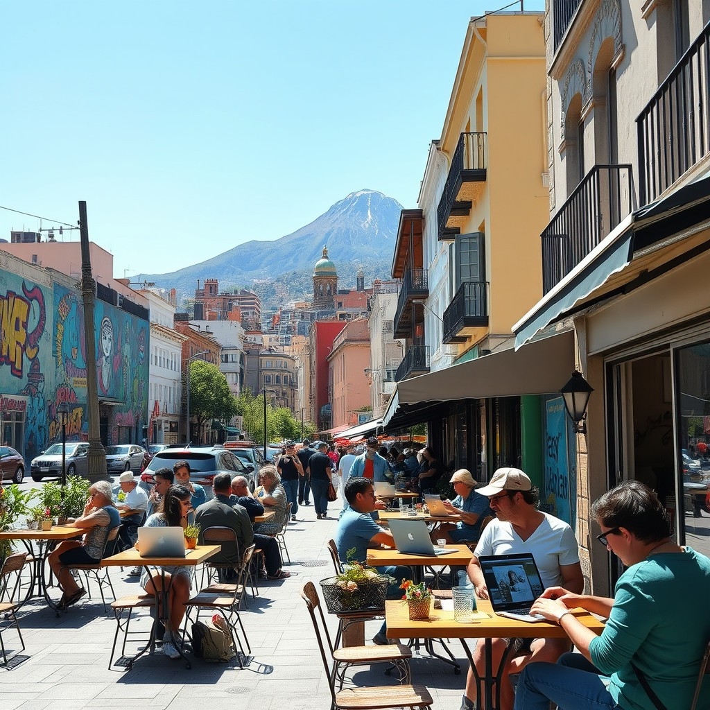 People at cafes in Santiago's Bellavista neighborhood with street art and Cerro San Cristóbal