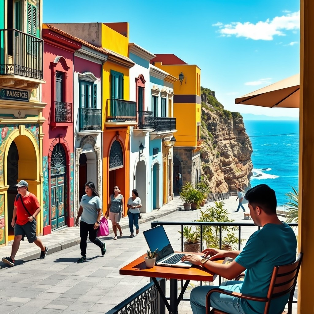 Colorful streets of Barranco, Lima with colonial buildings and digital nomad at café by the ocean