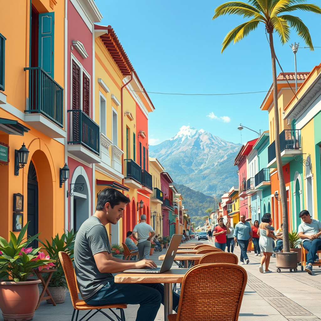 An urban scene in a street in Montevideo, in Uruguay, digital nomad working on laptop at a cozy sidewalk café