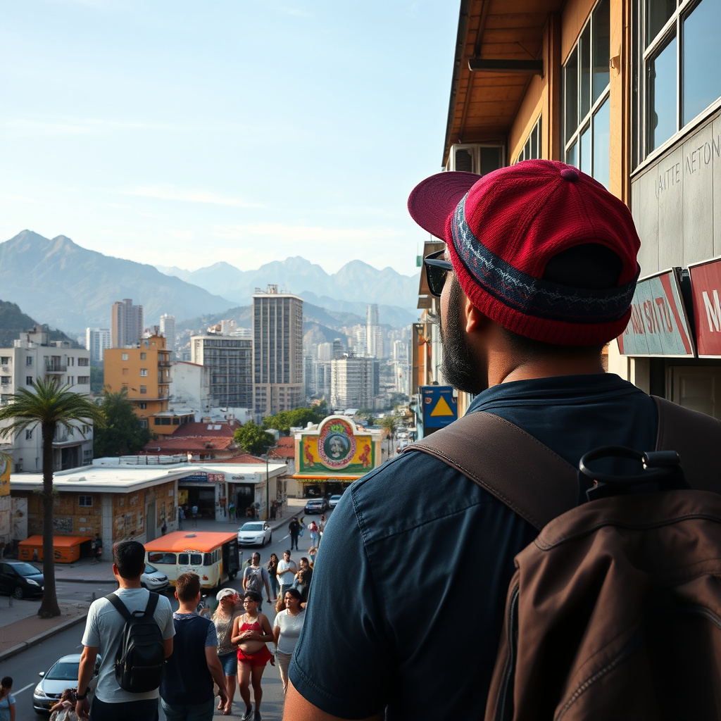 Digital nomad in a South American city, looking at the awesome view of the city