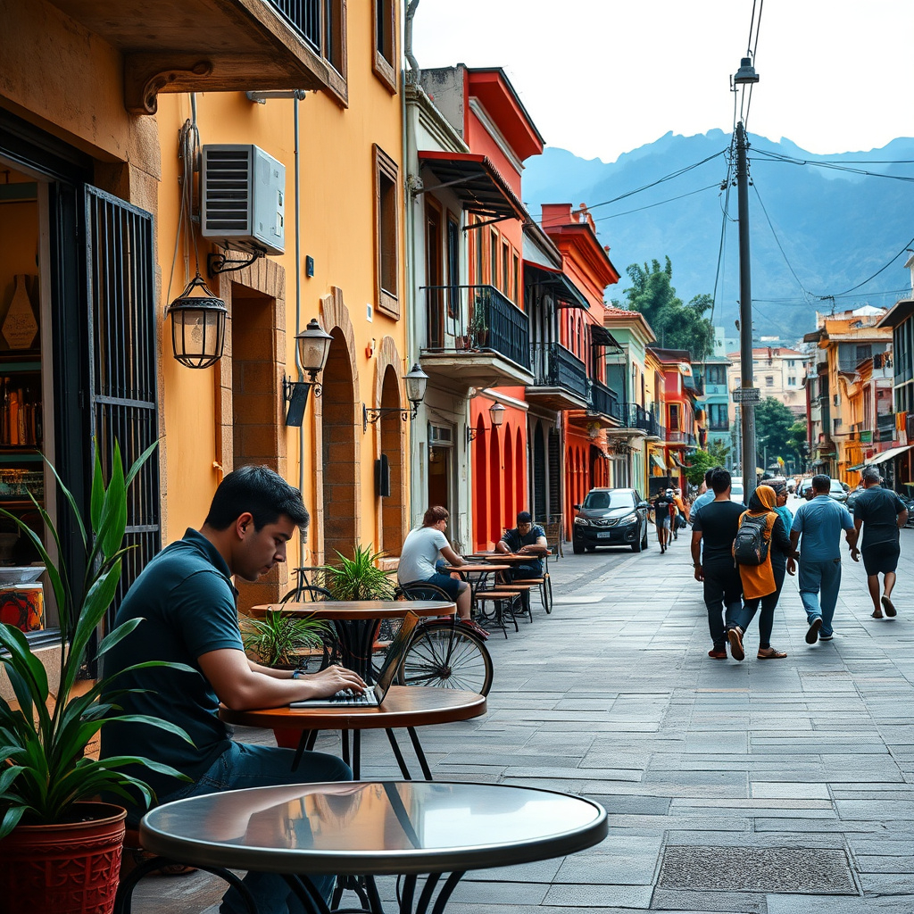 Digital nomad working at a sidewalk café in a vibrant South American city with colorful architecture