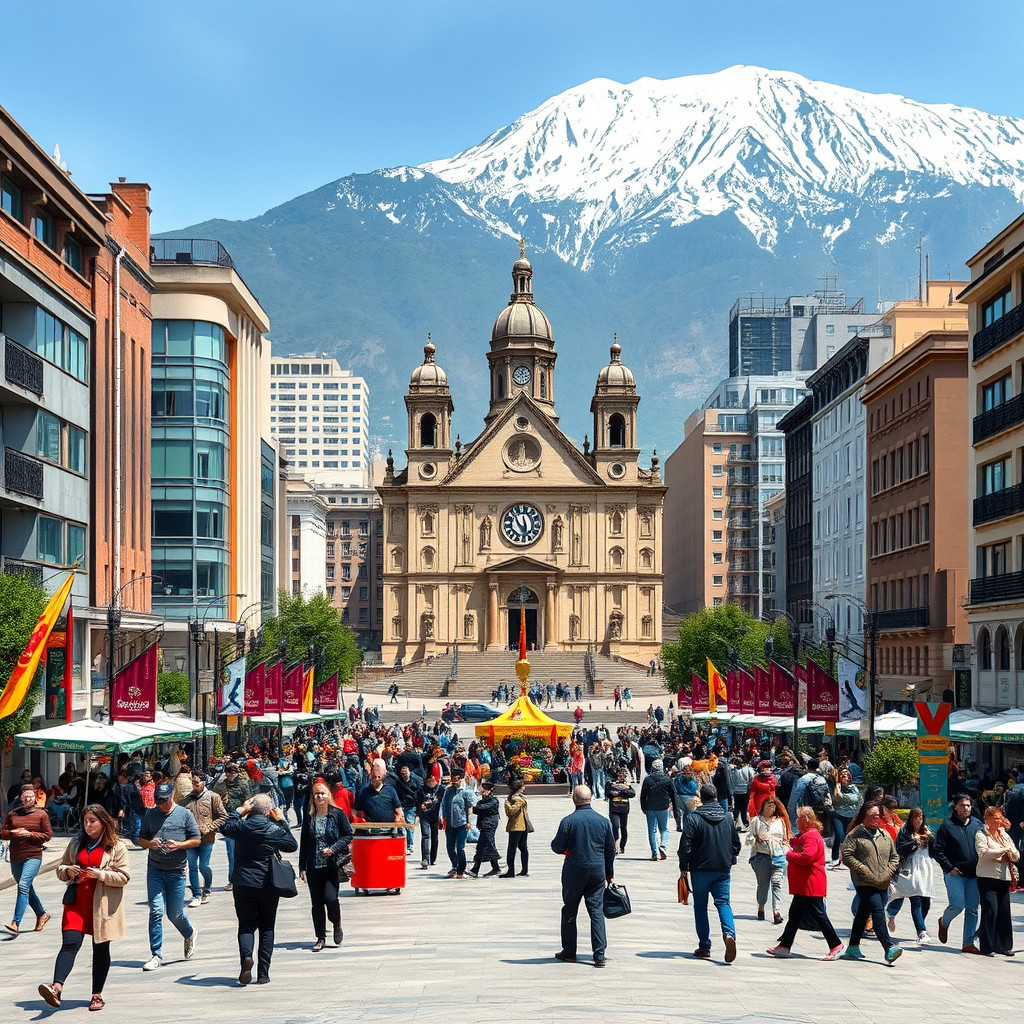 People enjoying Santiago's Plaza de Armas with cathedral and Andes Mountains behind