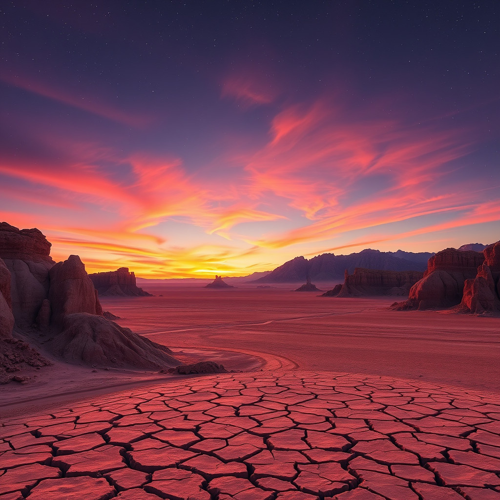 Sunset over Atacama Desert's Moon Valley with pink skies and rock formations