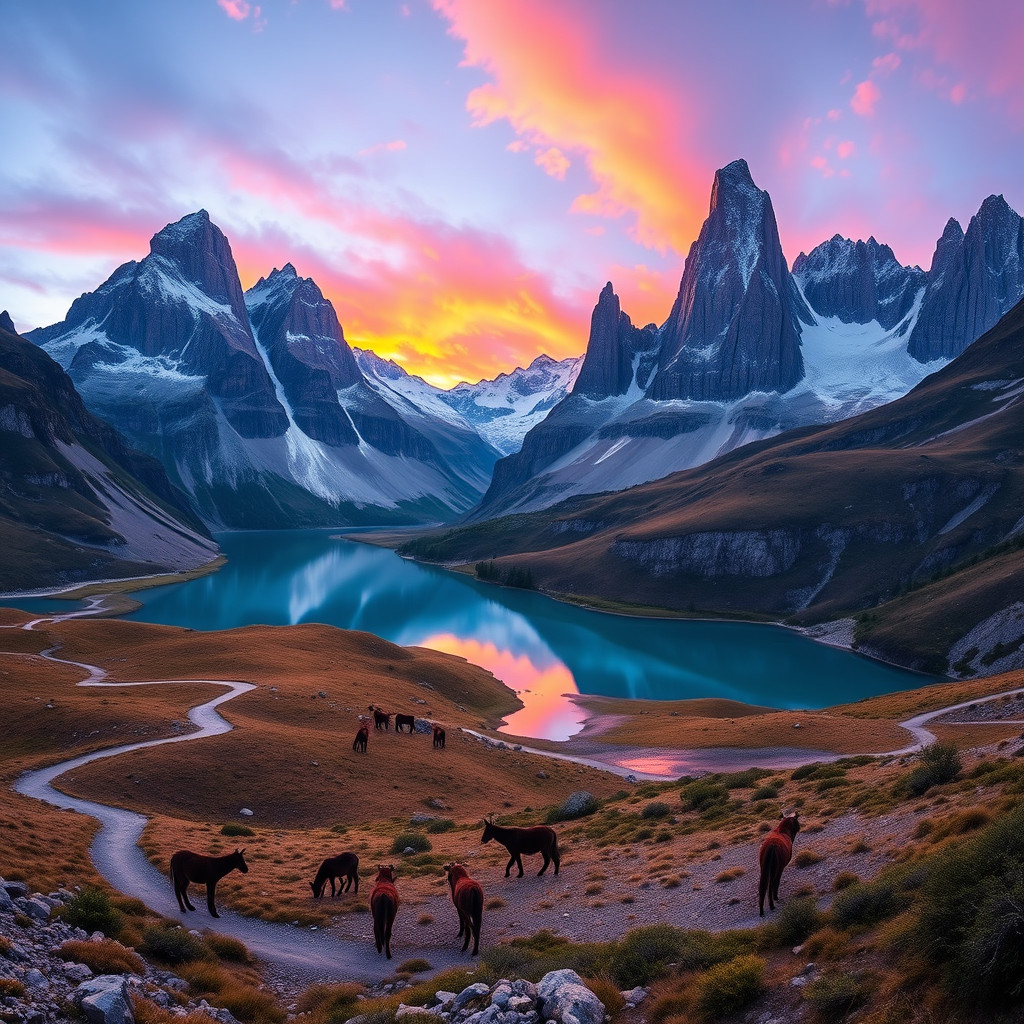 Torres del Paine's granite towers reflected in blue lake during sunrise in Patagonia