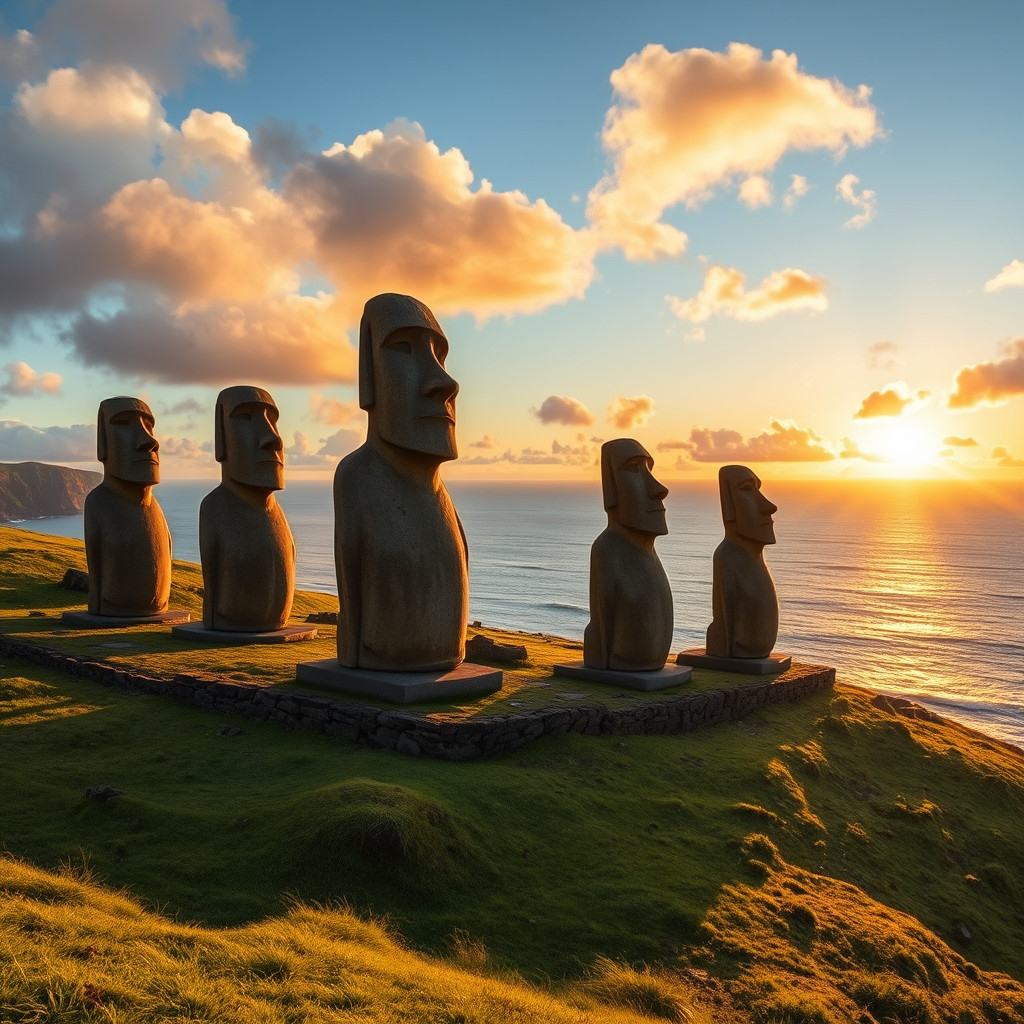 Mysterious moai statues on Easter Island hillside with ocean and sunrise in background