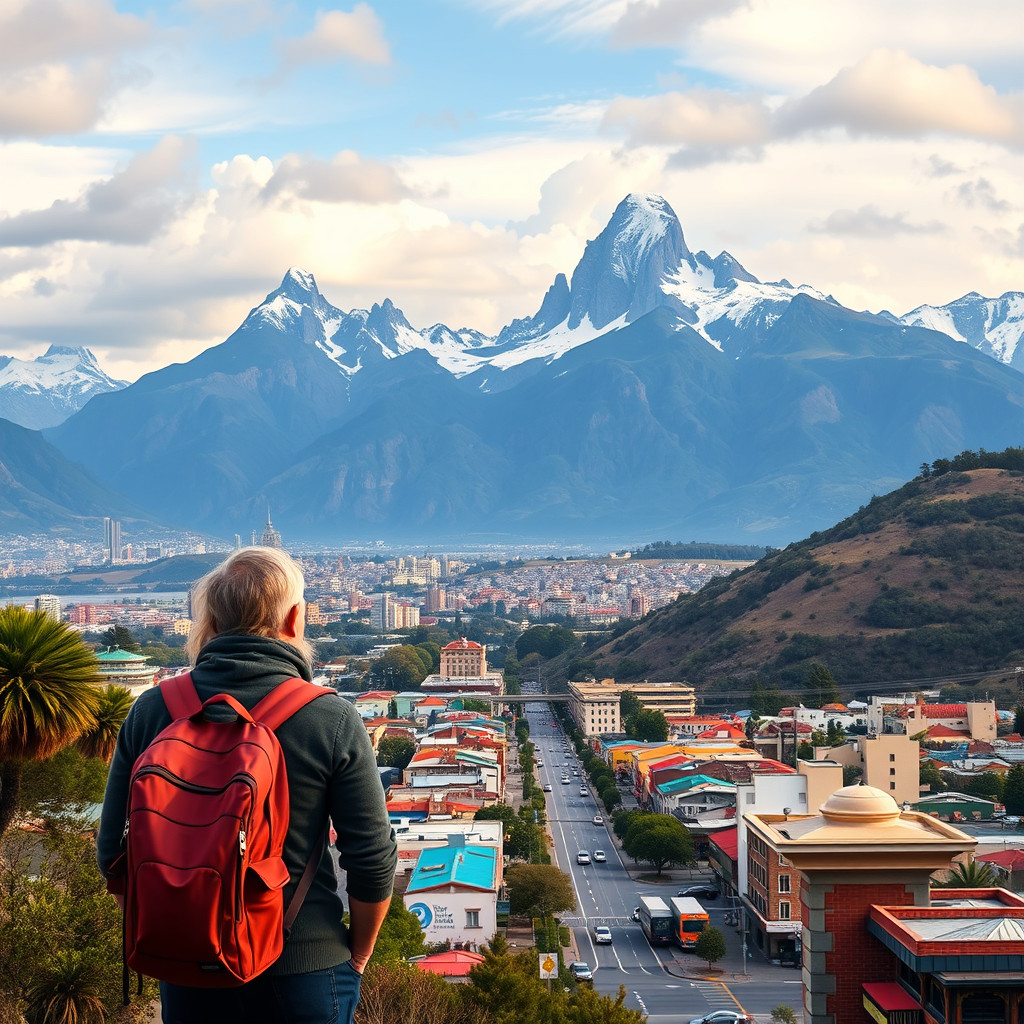 Traveler gazing over Patagonia's Torres del Paine with Santiago's lively cityscape below