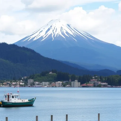 Pucón town in Chile that is on the shores of Lake Villarrica, surrounded by mountains and volcanoes. 