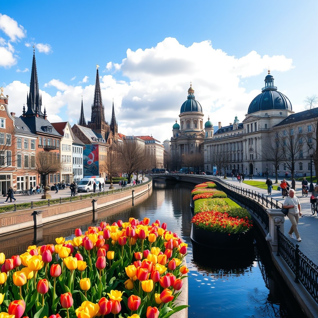 European capitals in May with people enjoying parks, canals, historic architecture, and spring flowers