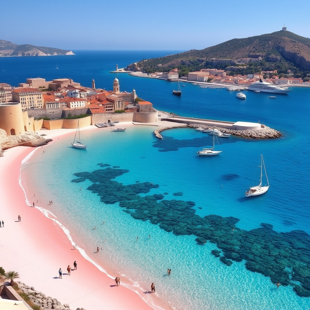 Mediterranean coastal scenes in May with historic towns, clear waters, beaches, and people enjoying seaside activities