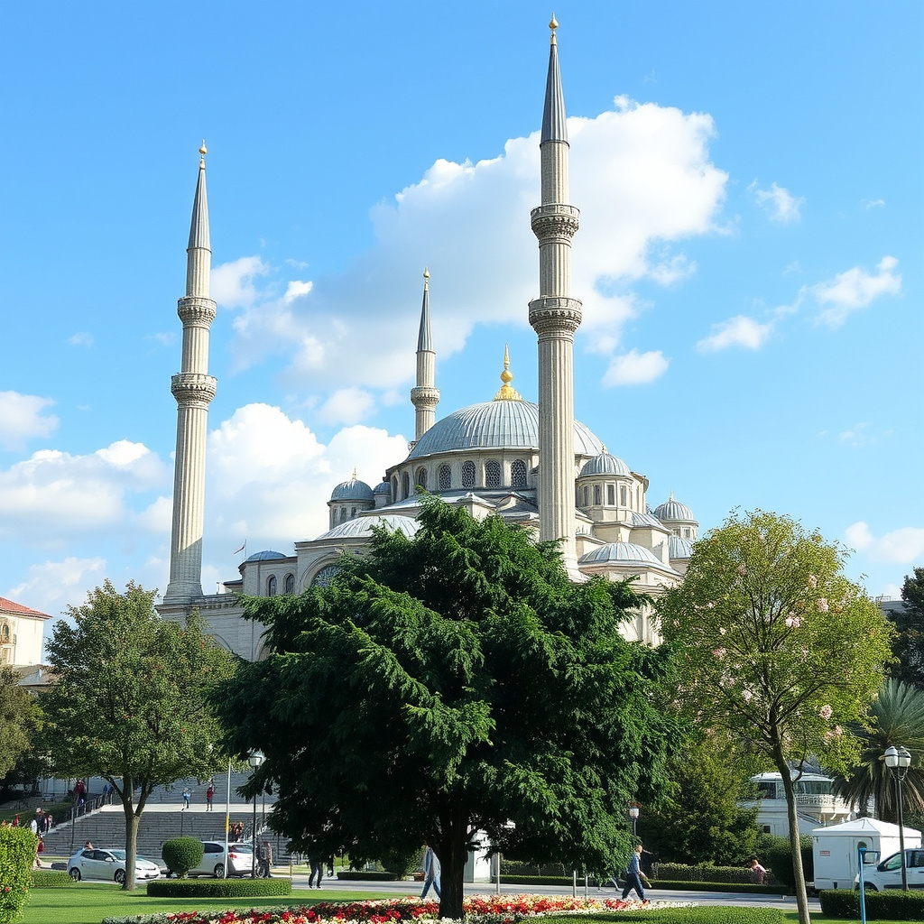 Blue Mosque in Istanbul in May. Clear blue sky with trees around.