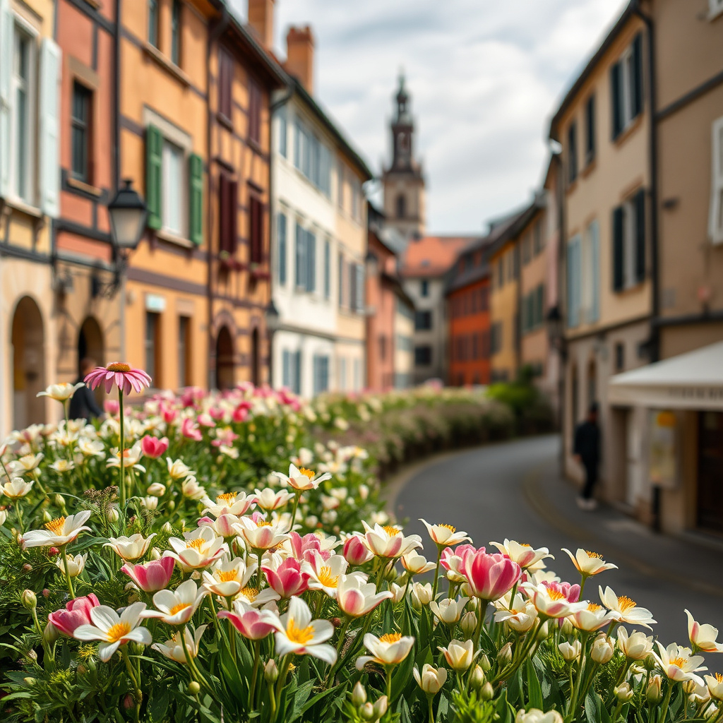 A chill European city in May, colorful flowers starts blooming, weather is nice.