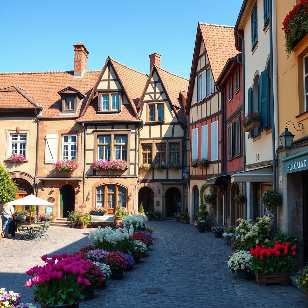 Charming European destination in May with historic architecture, flowers in bloom, and clear skies