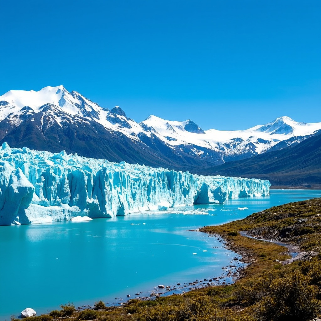 Perito Moreno Glacier in Patagonia with towering ice formations and mountains under a clear sky