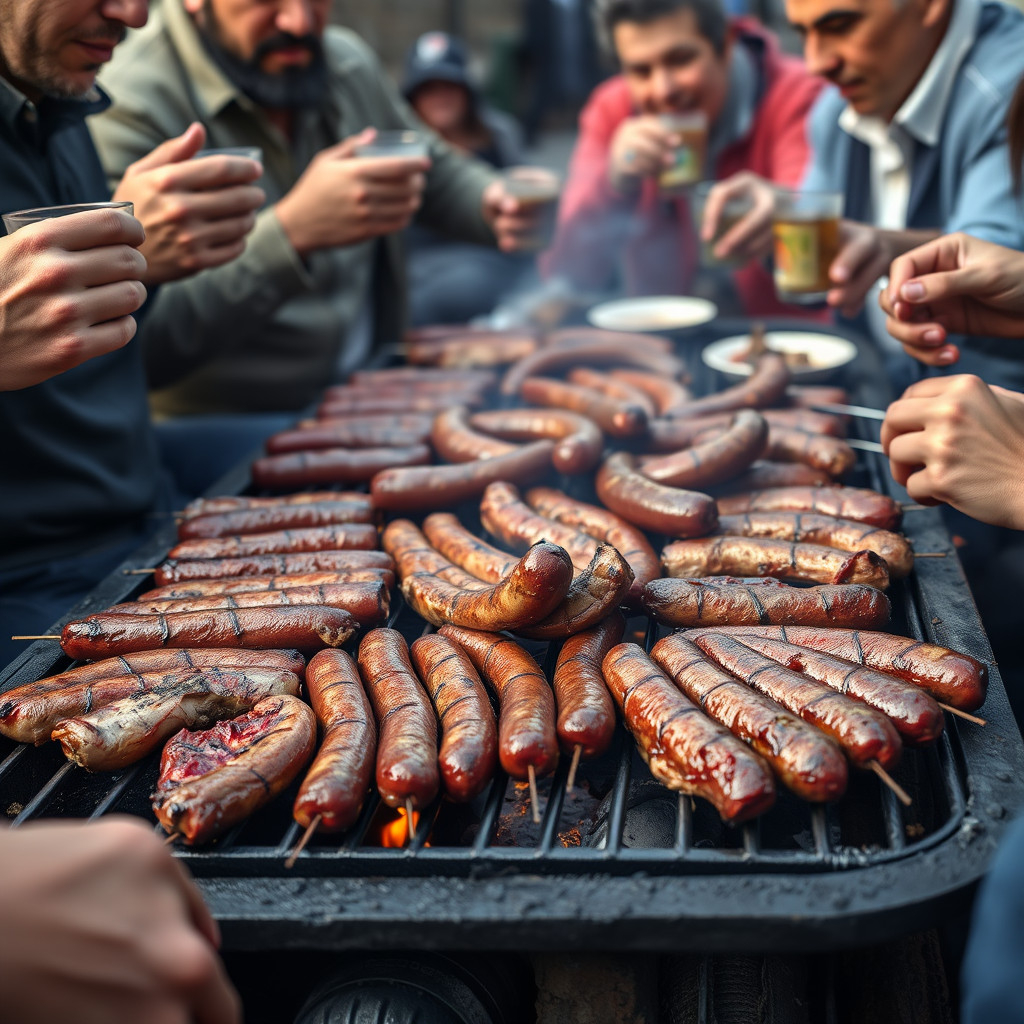 Argentine asado with grilled meats on a barbecue and people drinking mate in a social gathering