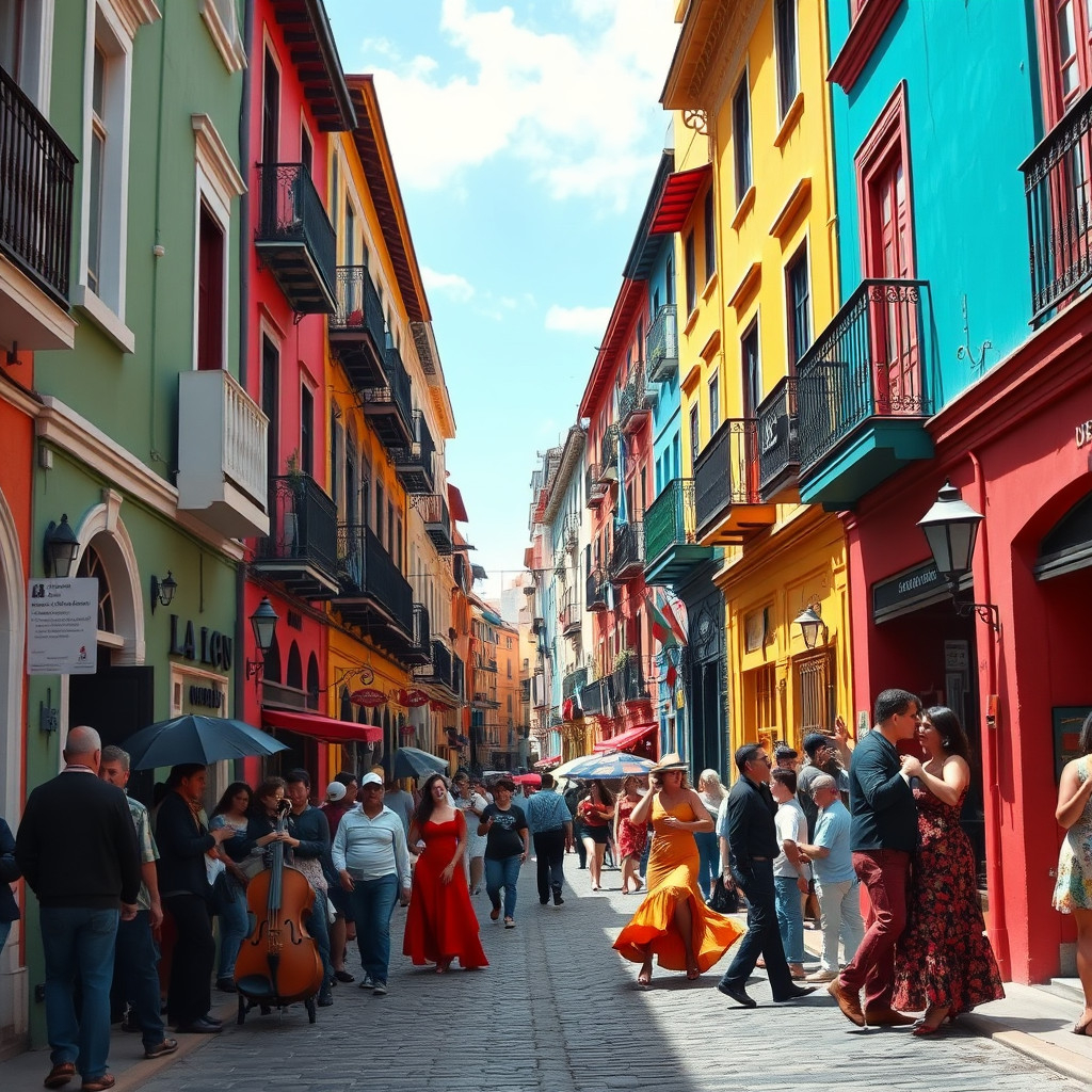 Colorful street in La Boca, Buenos Aires, with vibrant buildings and tango dancers performing on the sidewalk