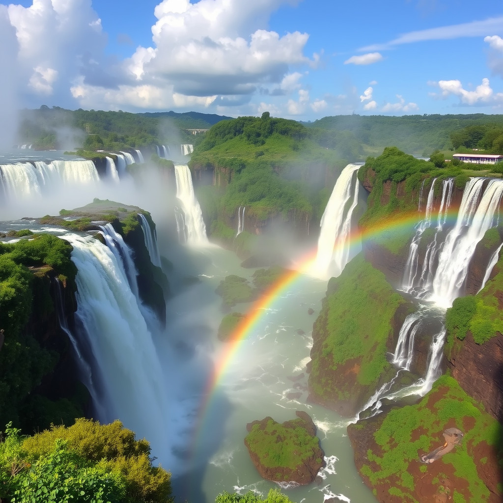 Panoramic view of Iguazú Falls with waterfalls, rainforest, and rainbow over Devil's Throat