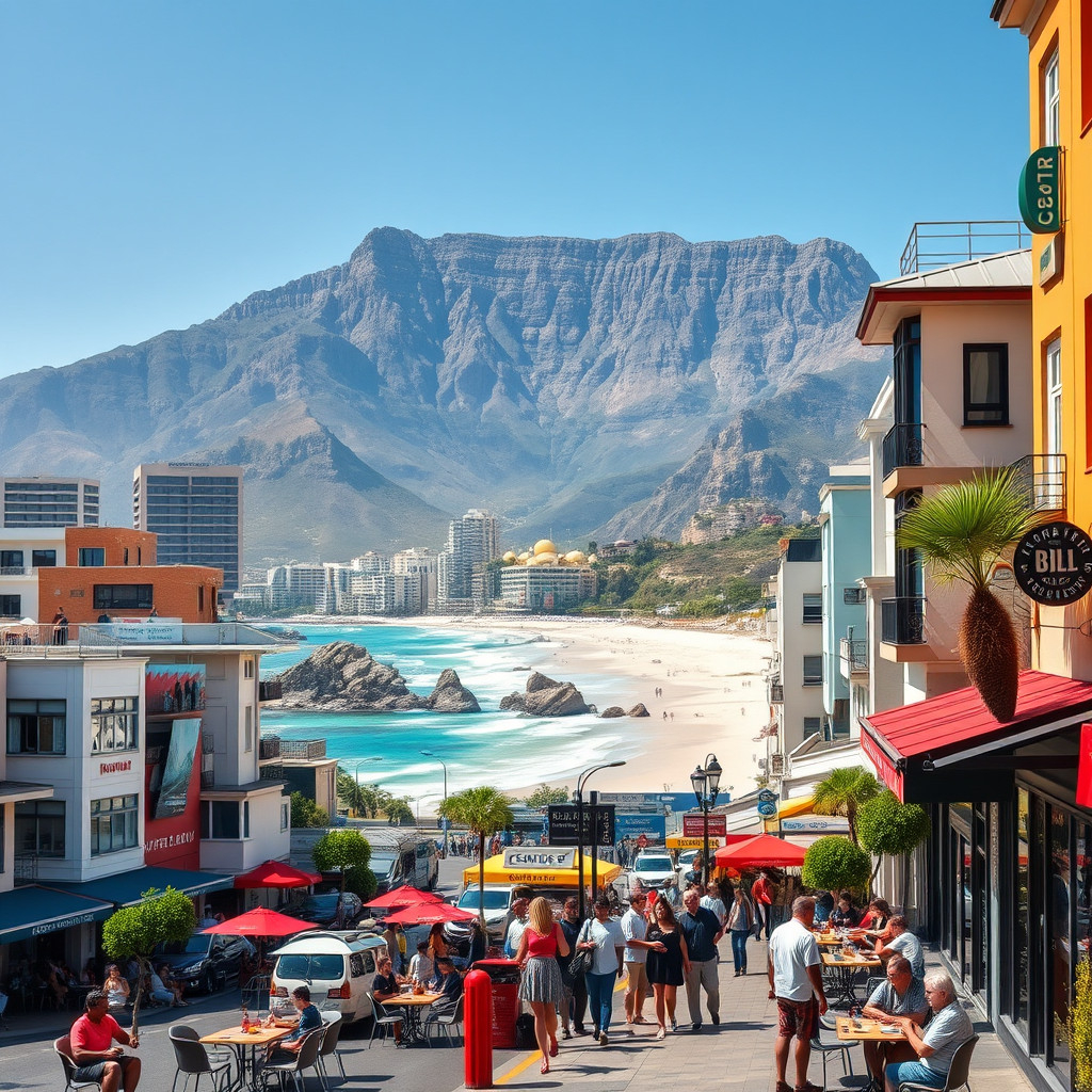 An everyday scene showing Cape Town's City Bowl under Table Mountain and Camps Bay's beach with Twelve Apostles mountains