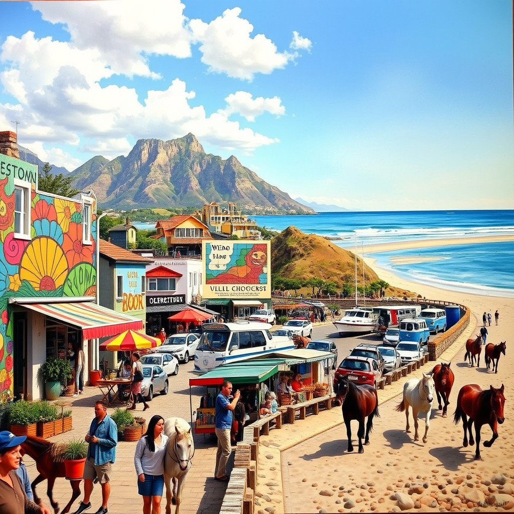 Noordhoek that is known for its long, clear beach and horse-friendly lifestyle. Horses are on the beach, people are enjoying