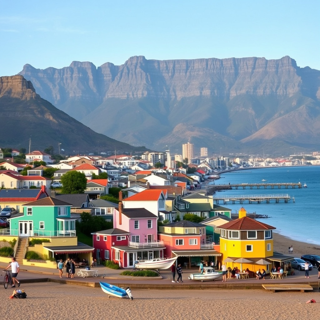 Panoramic view of Cape Town's vibrant seaside neighborhoods with Table Mountain overlooking