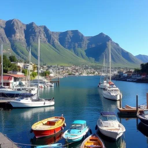 An everyday scene showing Hout Bay harbor with hillside villas and boats