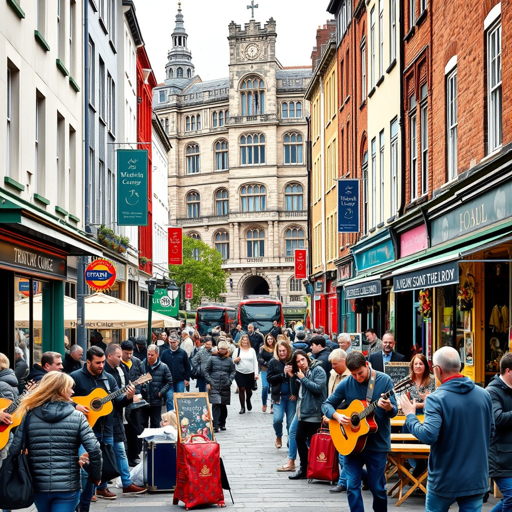 Busy Grafton Street in Dublin with street musicians and lively markets displaying Irish crafts